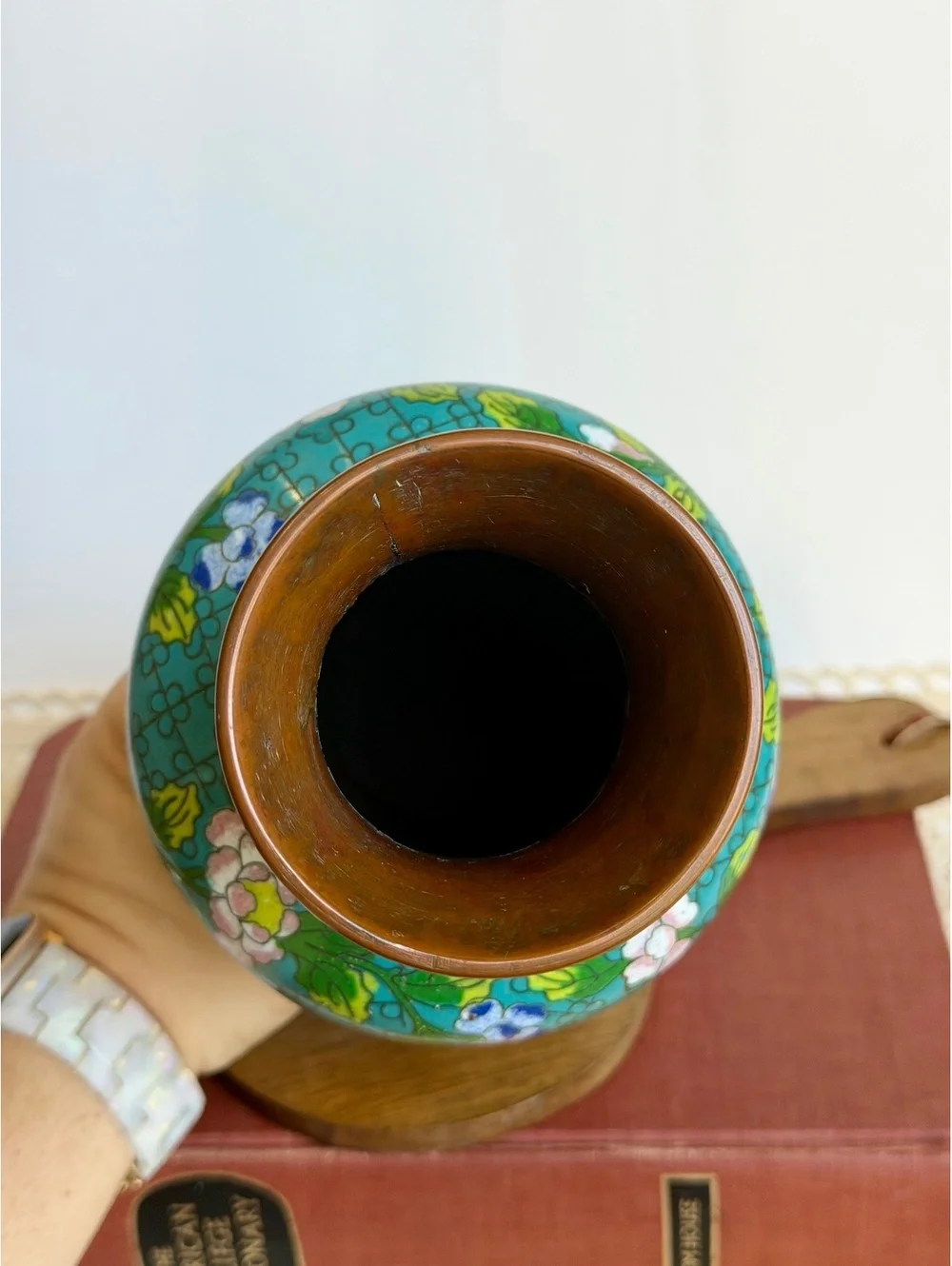 Vintage Chinese Cloisonne Enamel Vase Turquoise Floral Brass 10